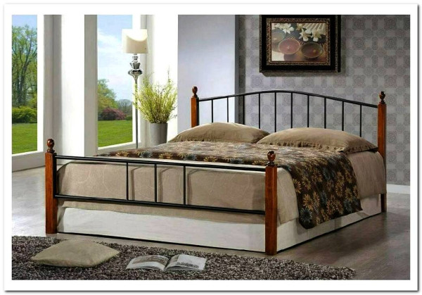 Купить Кровать AT-915 дерево гевея/металл 160*200 (Queen bed), красный дуб/черный с доставкой по России по цене производителя можно в магазине Другая Мебель в Волгограде